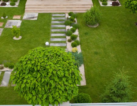 Garden with walkways and green grass. Photo taken from above drone. Garden with walkways and green grass. Photo taken from above drone.